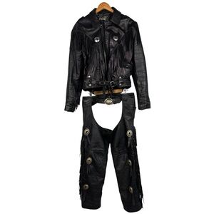 Vintage First Genuine Leather Women's Fringe Jacket Fringe Chaps Black Size S